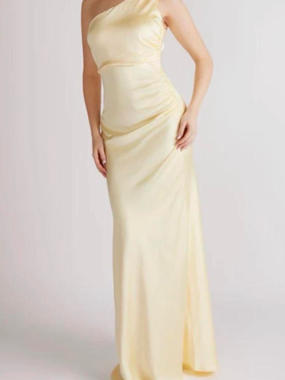 One-Shoulder Satin Gown in Pale Yellow